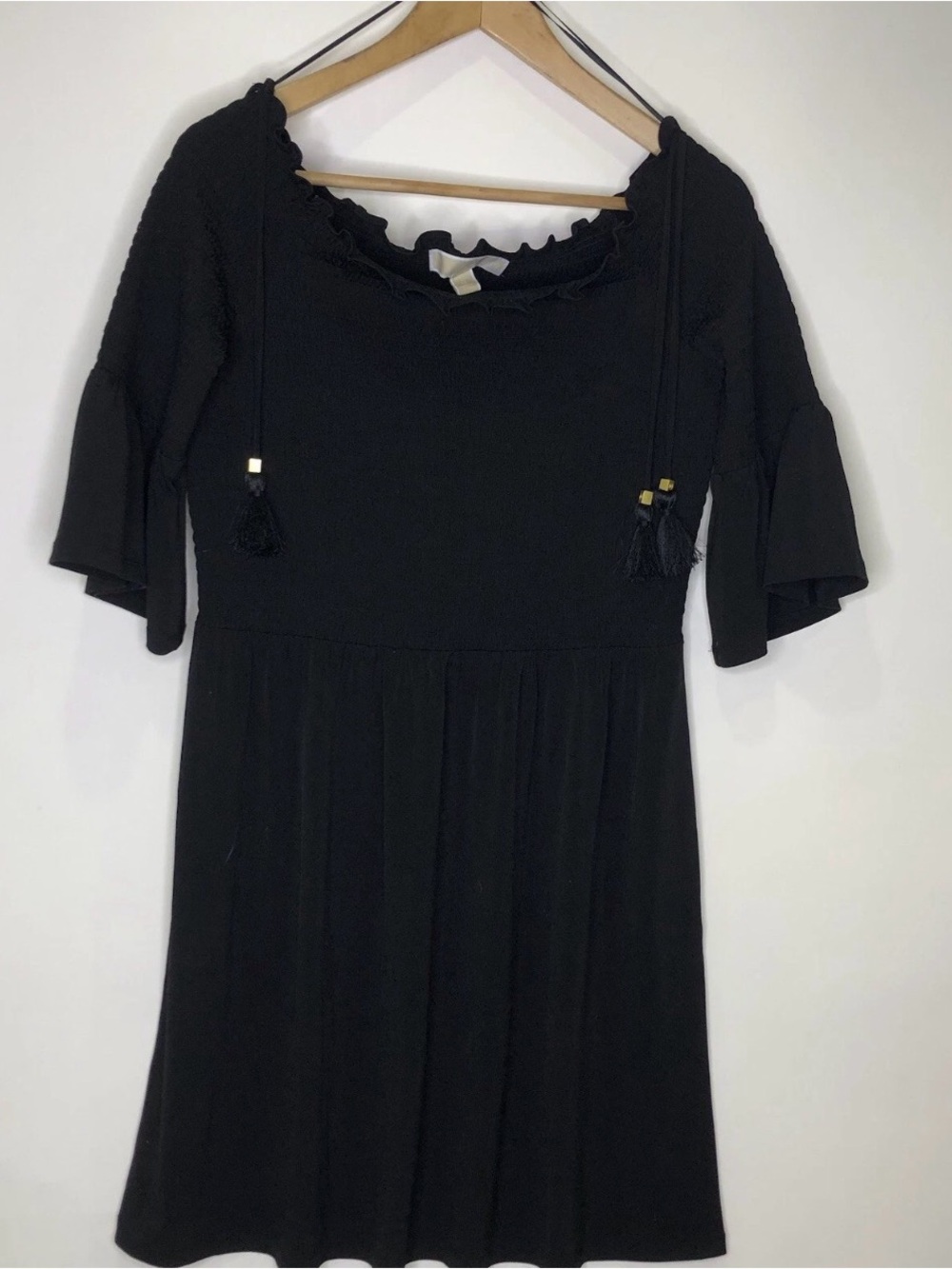 Michael Kors Black Smocked Eyelet Peasant Dress With Shoulder Ties Size M